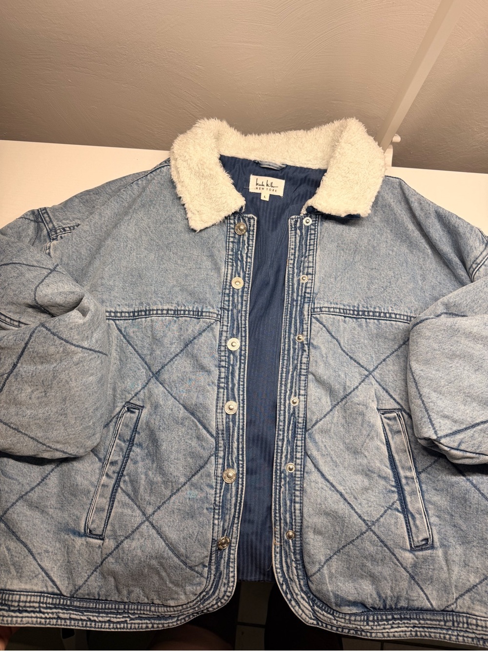 Light Blue Quilted Denim Jacket with Sherpa Collar